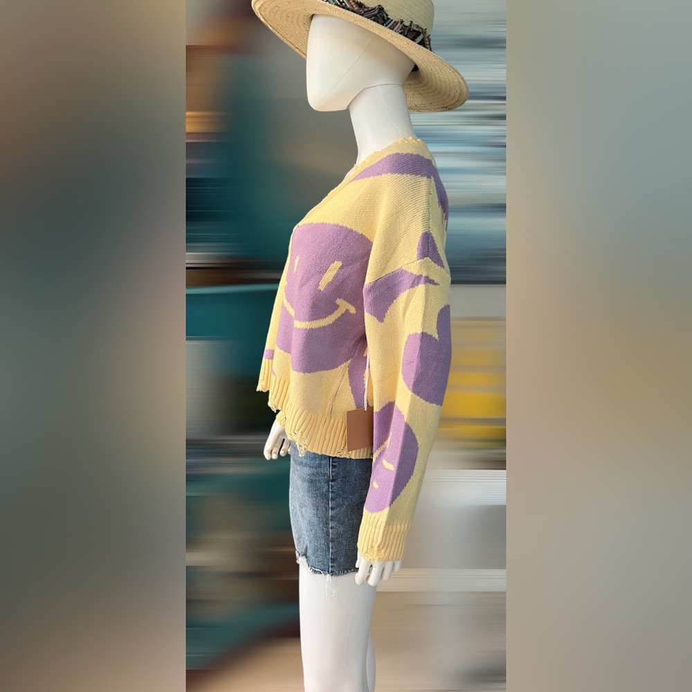BAILEY ROSE Yellow and purple smiley sweater sz S M L - Picture 5 of 10